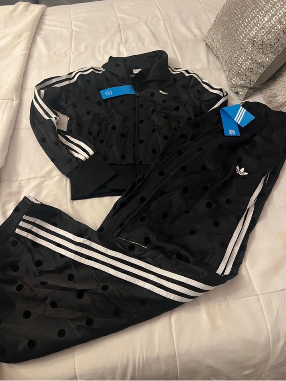 adidas Black Polka Dot Track Jacket & Pants with White Stripes